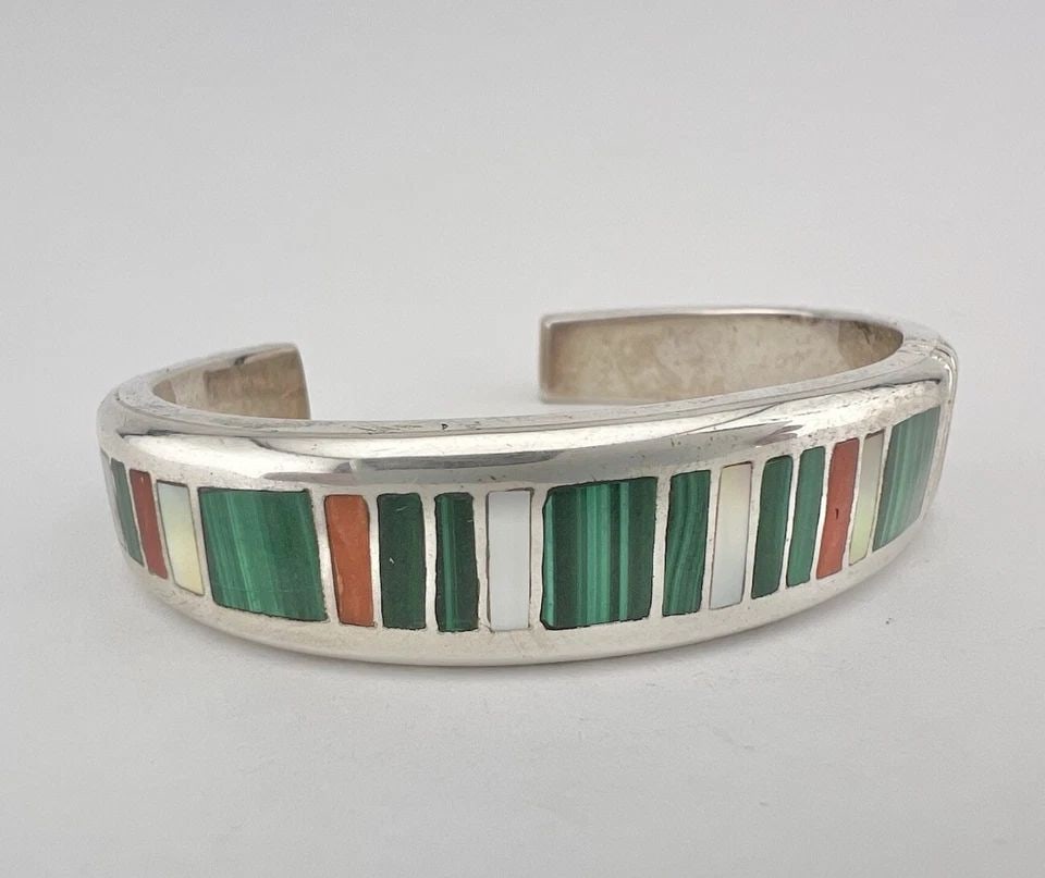 VTG NAVAJO STERLING SILVER CORAL MOTHER OF PEARL MALACHITE FLUSH CUFF BRACELET (1 of 2)