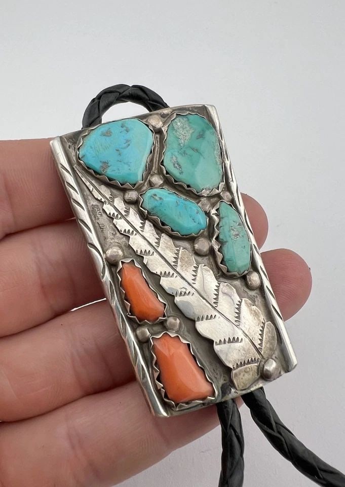 HUGE VTG WAYNE CHEAMA ZUNI STERLING SILVER TURQUOISE & CORAL BOLO TIE 2.25": HUGE Vtg Wayne Cheama Zuni Sterling Silver Turquoise & Coral Stamped Bolo Tie 2.25" Size: 2 1/4" Tall by 1 1/2" Wide At The Top Weight is 30.7 Grams on my scale Metal: Sterling Silver Amazing Natural 