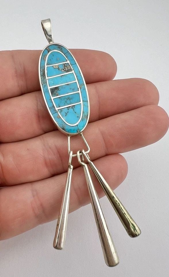 VTG NAVAJO STERLING SILVER TURQUOISE FLUSH INLAY CHANDELIER DANGLE PENDANT 4" (1 of 2)