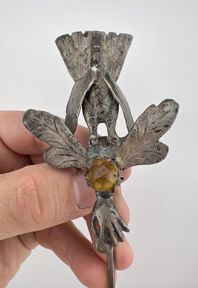 ANTIQUE GEORGIAN TO VICTORIAN SILVER OLD CUT AMBER GLASS PASTE TURKEY HAIR PIN (1 of 2)