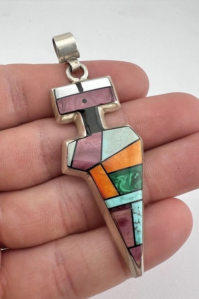 VTG FRANK YELLOWHORSE NAVAJO STERLING SILVER MULTI GEM YEI KACHINA PENDANT 3": Vtg Frank Yellowhorse NAVAJO Sterling Silver Multi Gem Yei Kachina Pendant 3" Size: 3" Tall With Bail & 1" Wide Weight is 19.5 Grams on my scale Test Positive For Sterling Silver Amazing High Grade Fl