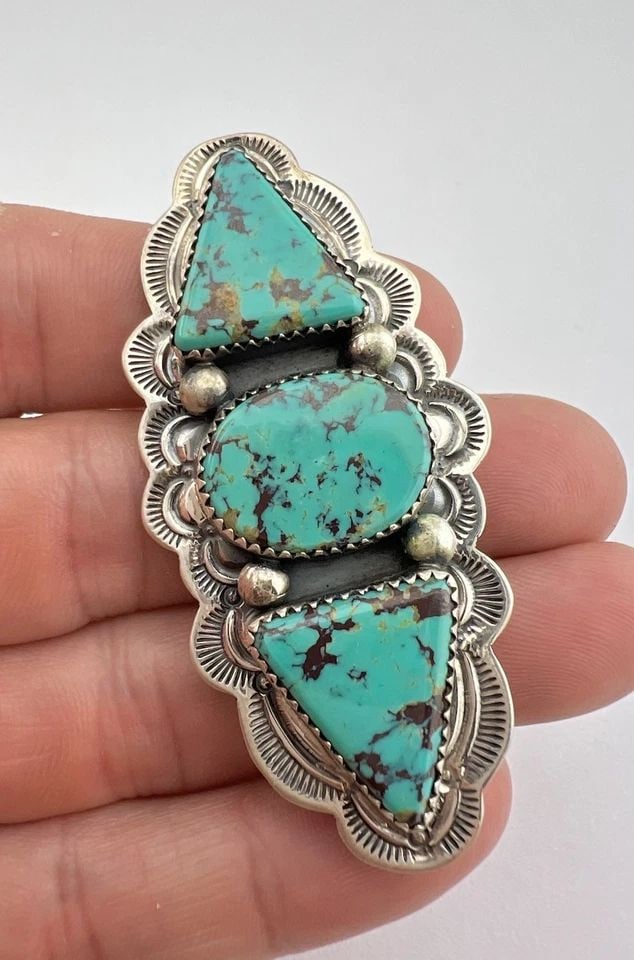 VTG NAVAJO STERLING SILVER KINGMAN TURQUOISE STAMPED PIN PENDANT 2 5/8" (1 of 2)