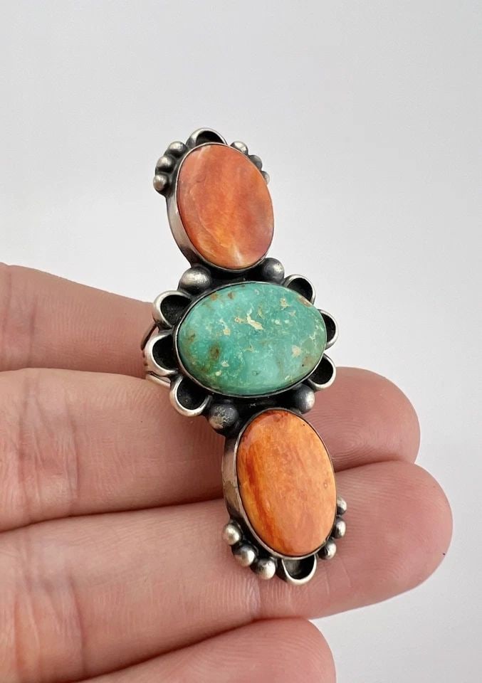 VTG NAVAJO STERLING SILVER ROYSTON TURQUOISE & ORANGE SPINY OYSTER SHELL RING (1 of 2)