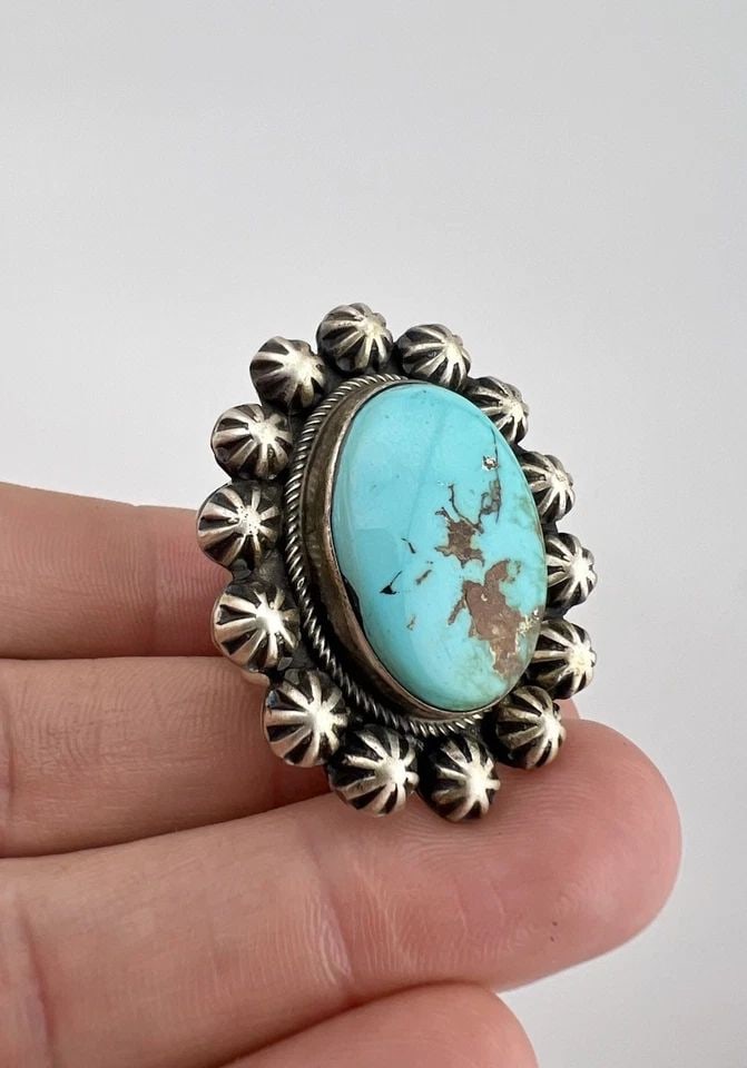 BOYD ASHLEY NAVAJO STERLING SILVER ROYSTON TURQUOISE STAMPED RING 1.5" - 26.3G: Boyd Ashley Navajo Sterling Silver Royston Turquoise Stamped Ring 1.5" - 26.3g Ring Size: 8 - Can Be Resized Weight is 26.3 Grams on my scale Metal: Sterling Silver Ring is 1 1/2" Tall In the Center A