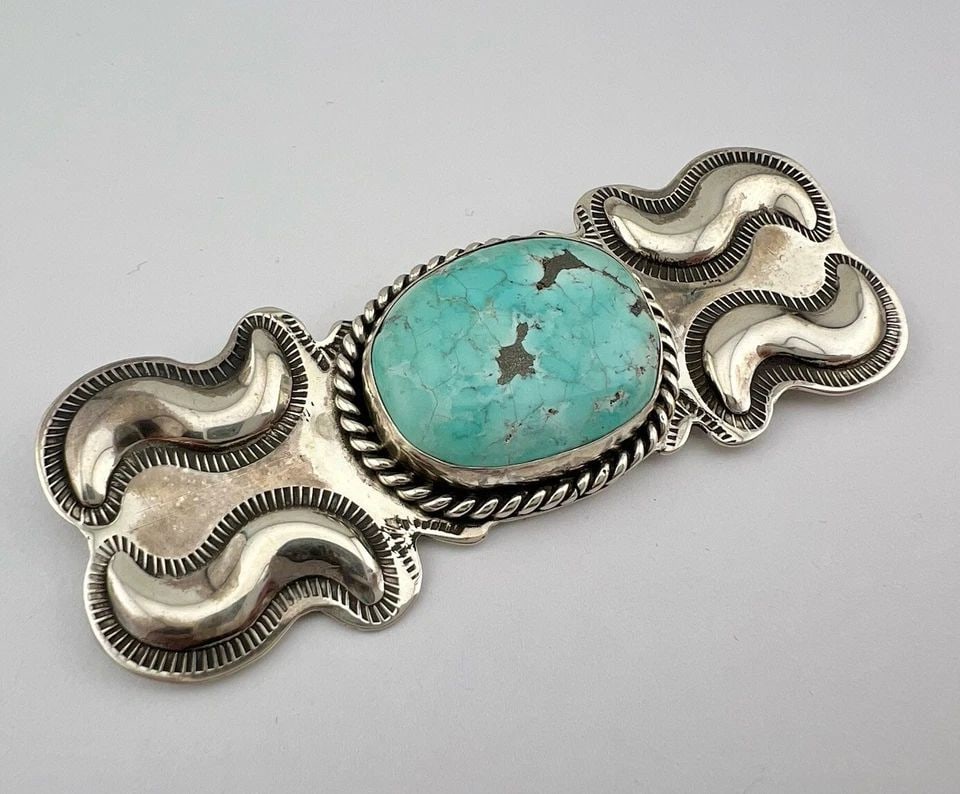 EARLY NAVAJO STERLING SILVER WEBBED FOX TURQUOISE BROOCH PIN 3.75"- 38.5G (1 of 2)