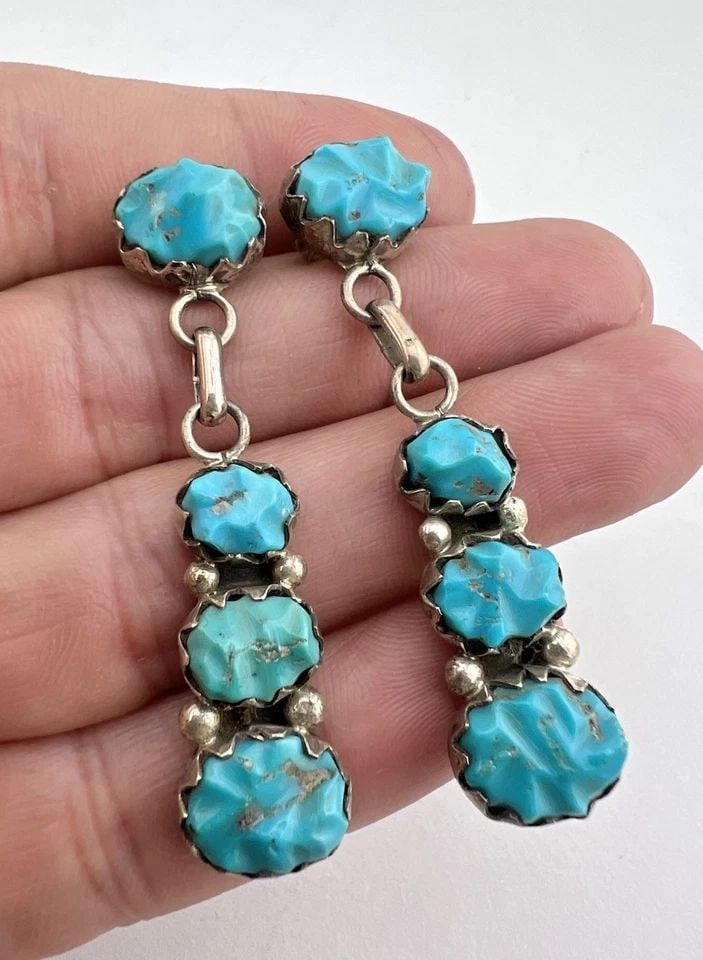 RODNEY DIANE LONJOSE ZUNI STERLING SILVER CARVED TURQUOISE POST EARRINGS 2 1/8" (1 of 2)