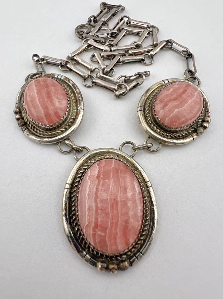 VTG SPENCER NAVAJO STERLING SILVER NATURAL RHODOCHROSITE LINK NECKLACE 20.5" (1 of 2)
