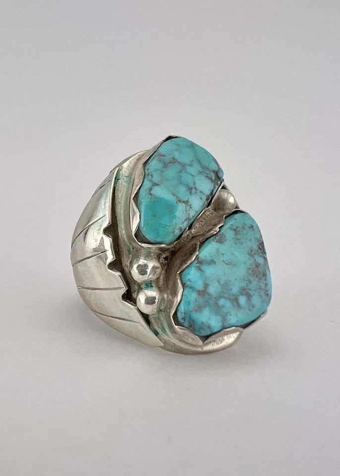 VTG NAVAJO STERLING SILVER HIGH GRADE MORENCI TURQUOISE STAMPED MEN'S RING 21.4G: VTG NAVAJO STERLING SILVER HIGH GRADE MORENCI TURQUOISE STAMPED MEN'S RING 21.4G Vtg Navajo Sterling Silver High Grade Morenci Turquoise Stamped Men's Ring 21.4g Ring Size: 12- Can Be Resized Weight i