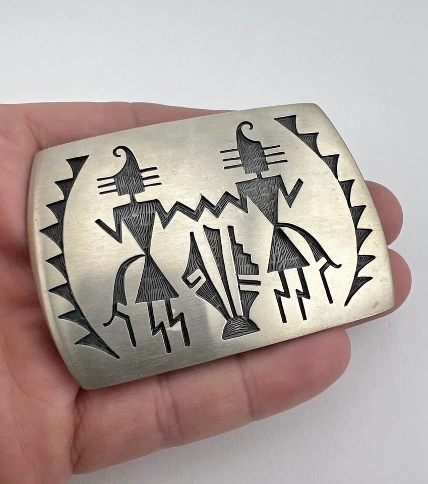 VINTAGE NAVAJO HOPI STERLING SILVER KACHINA TRIBAL OVERLAY BELT BUCKLE 3"- 55.1G (1 of 2)