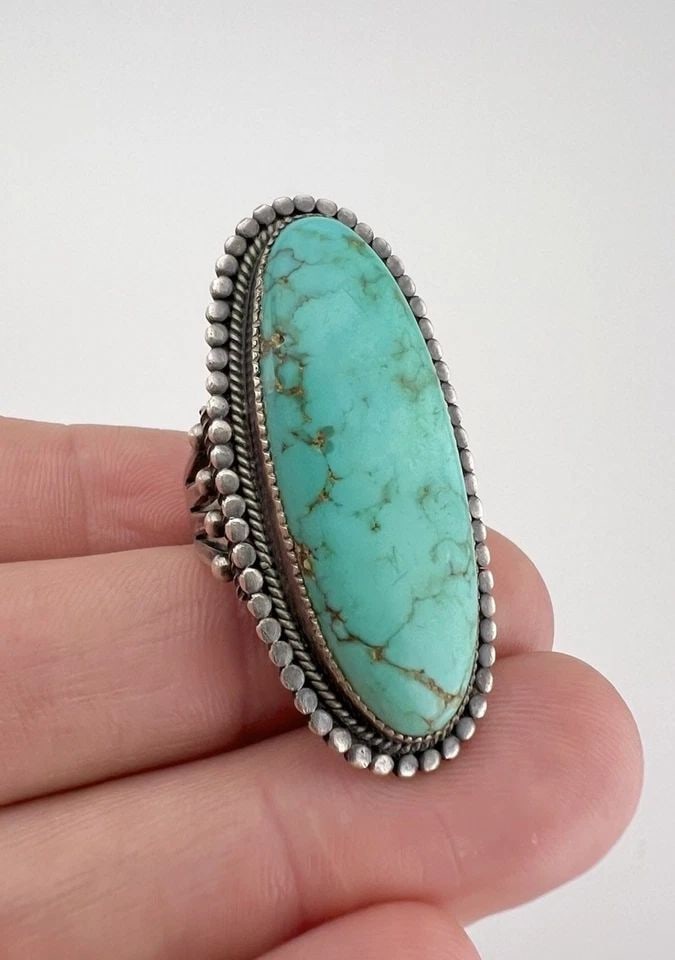 HUGE OLD FRED HARVEY ERA NAVAJO STERLING SILVER TURQUOISE LONG WOMEN'S RING: HUGE OLD FRED HARVEY ERA NAVAJO STERLING SILVER TURQUOISE LONG WOMEN'S RING HUGE Old Fred Harvey Era Navajo Sterling Silver Turquoise Long Women's Ring Ring Size: 7 - Can Be Re Sized Weight is 13.0 Gr