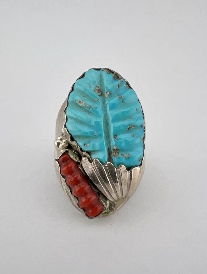 VTG LOYOLITA TSATTIE ZUNI STERLING SILVER CARVED TURQUOISE CORAL MENS RING 25.5G (1 of 2)