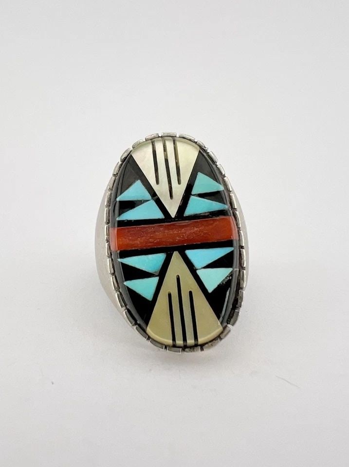 VINTAGE ZUNI STERLING SILVER MOSAIC MULTI GEMSTONE INGOT MEN'S RING 19.1G #1: Vintage Zuni Sterling Silver Mosaic Multi Gemstone Ingot Men's Ring 19.1g #1 Ring Size: 10.75 - Can Be Resized Weight is 19.1 Grams on my scale Test Positive For Sterling Silver Ring is 1 1/8" Tall In