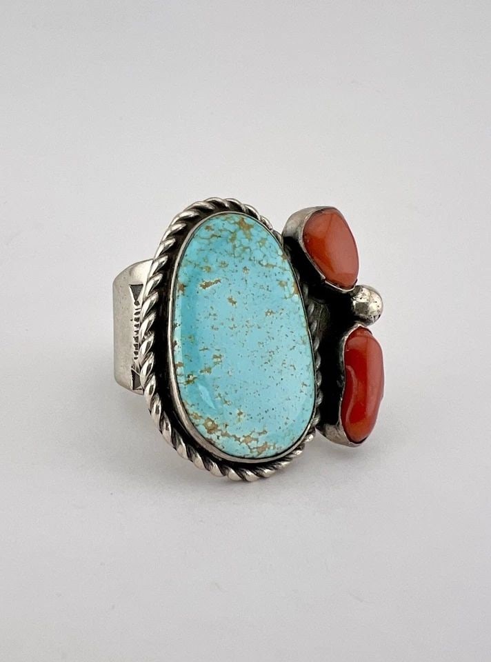 HUGE VTG NAVAJO STERLING SILVER #8 SPIDERWEB TURQUOISE CORAL STAMPED MEN'S RING: HUGE VTG NAVAJO STERLING SILVER #8 SPIDERWEB TURQUOISE CORAL STAMPED MEN'S RING HUGE Vtg Navajo Sterling Silver #8 Spiderweb Turquoise & Coral Stamped Men's Ring 21.6g Ring Size: 15 - Can Be Re Sized 