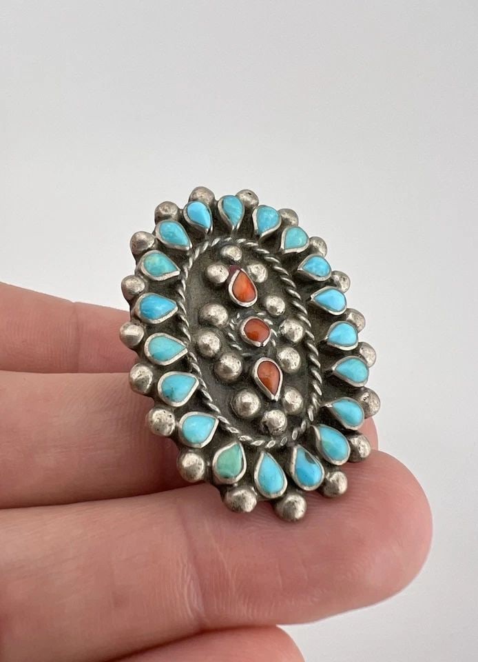 HUGE VTG ZUNI STERLING SILVER PETIT POINT TURQUOISE & CORAL CLUSTER WOMEN'S RING: HUGE Vtg Zuni Sterling Silver Petit Point Turquoise & Coral Cluster Women's Ring Ring Size - 9 Weight is 13.7 Grams on my scale Metal: Sterling Silver Ring is Over 1 1/2" Tall In the Center Amazing Na