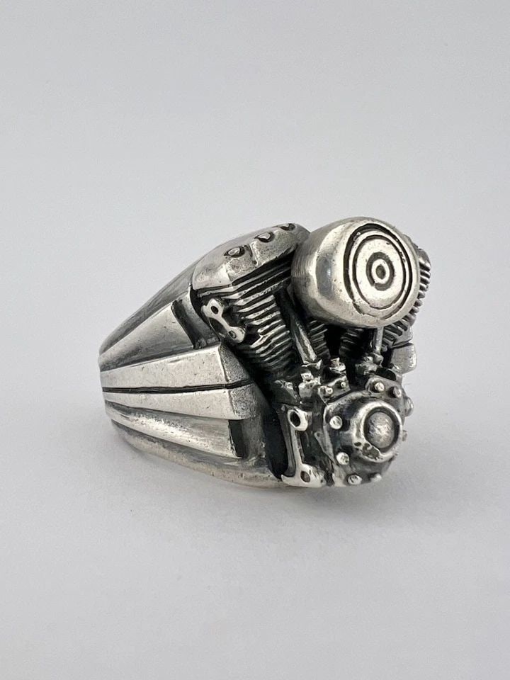 DESIGNER STERLING SILVER MOTORCYCLE ENGINE BIKER GOTHIC MEN'S RING SZ 12 - 48.6G (1 of 2)