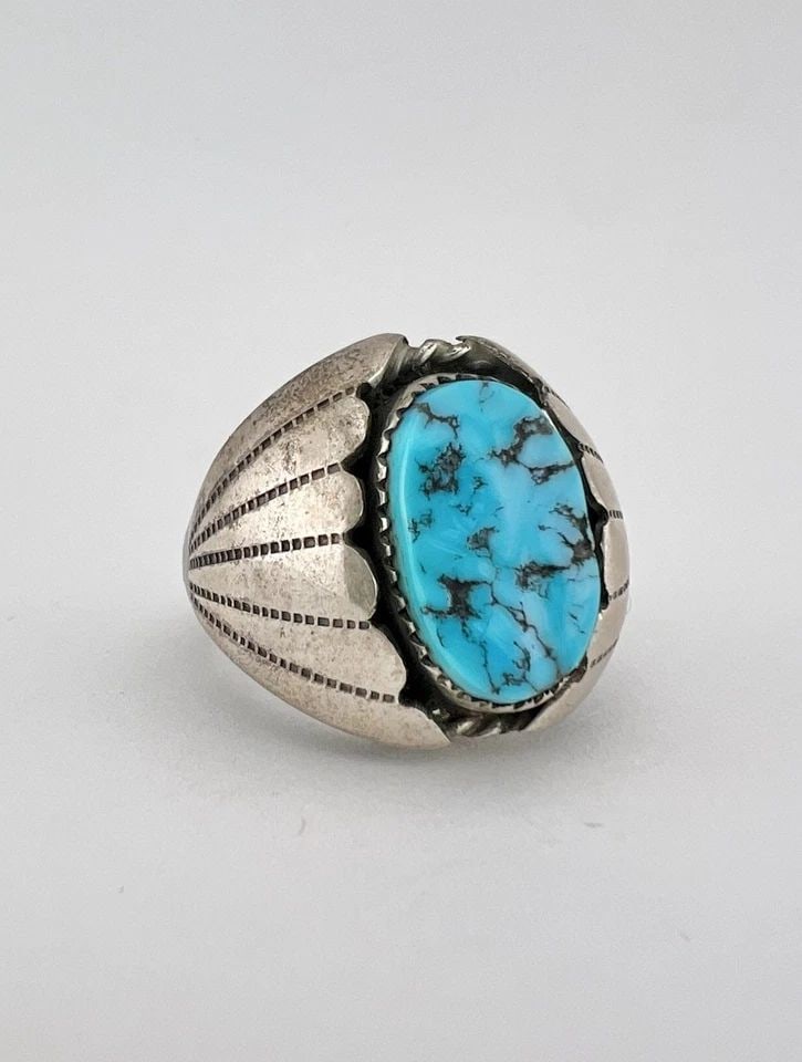 VTG NAVAJO STERLING SILVER SLEEPING BEAUTY TURQUOISE STAMPED DOME MEN'S RING 24G: VTG NAVAJO STERLING SILVER SLEEPING BEAUTY TURQUOISE STAMPED DOME MEN'S RING 24G Vtg Navajo Sterling Silver Sleeping Beauty Turquoise Stamped Dome Men's Ring 24g Ring Size: 10.25- Can Be Resized Weigh