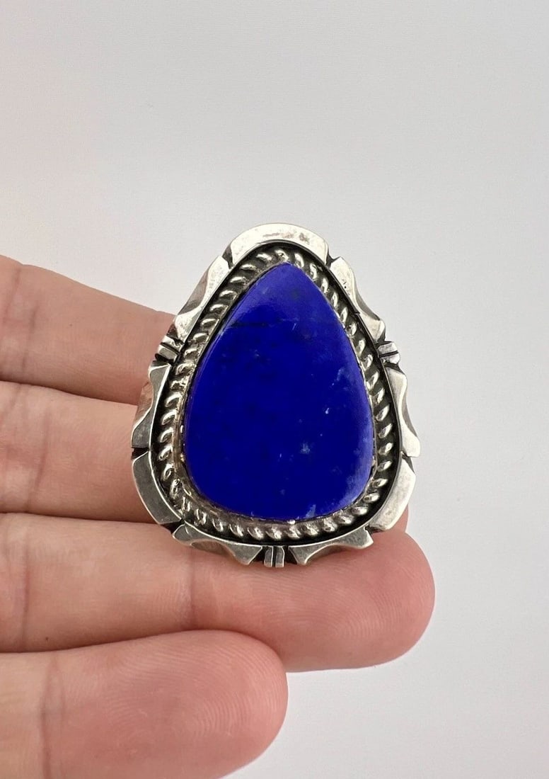 EDDIE SECATERO NAVAJO STERLING SILVER BLUE LAPIS LAZULI STAMPED RING 1 5/8" (1 of 2)