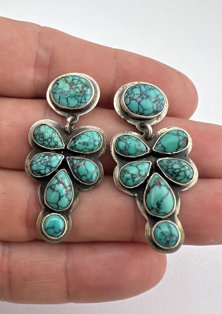 DONOVAN CADMAN NAVAJO STERLING SILVER WEBBED TURQUOISE CLUSTER EARRINGS 1 5/8" (1 of 2)