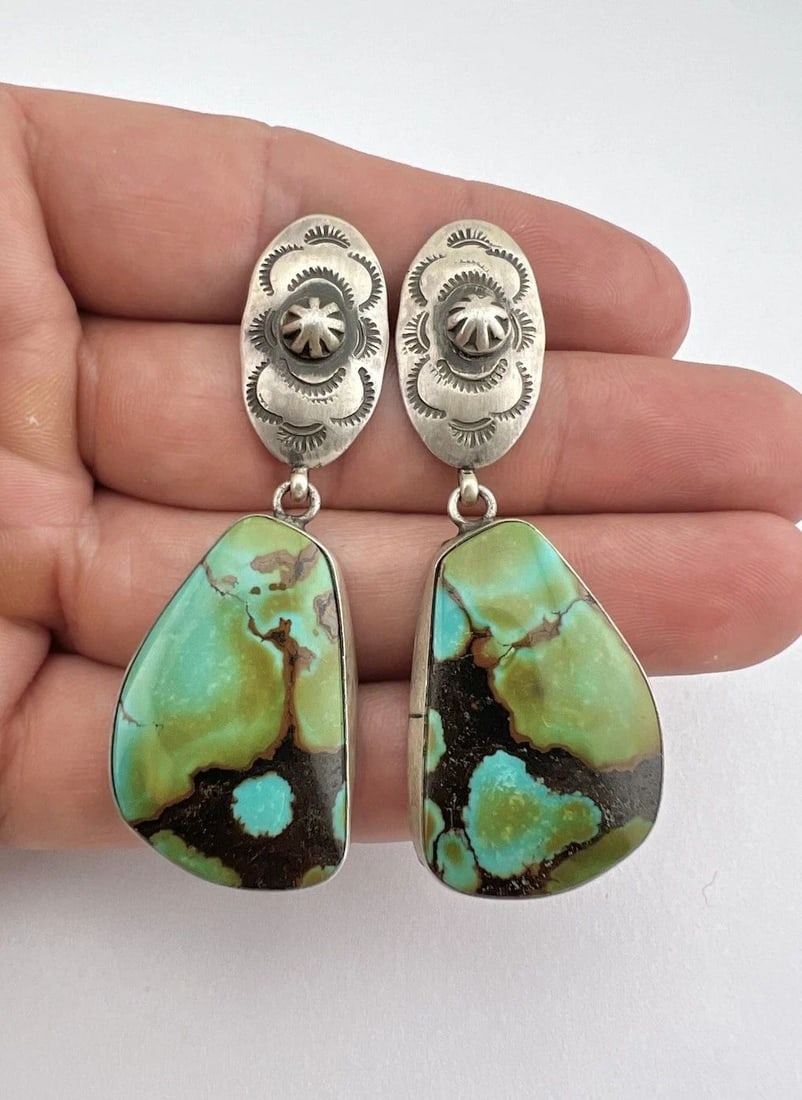 VTG GARY G SANCHEZ NAVAJO STERLING SILVER ROYSTON TURQUOISE DANGLE EARRINGS 2.5": Vtg Gary G Sanchez Navajo Sterling Silver Royston Turquoise Dangle Earrings 2.5" Size: 2 1/2" Tall With Dangle & 1" Wide at the Base Weight is 22.9 Grams on my scale Test Positive For Sterling Silver 