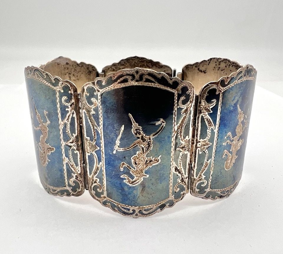 VTG STERLING SILVER SIAM MEKKALA GODDESS 1 5/8" WIDE LINK BRACELET - 57.1G (1 of 2)