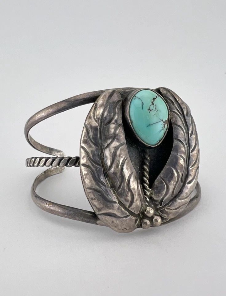 VINTAGE NAVAJO STERLING SILVER DRY CREEK TURQUOISE STAMPED WIDE CUFF BRACELET: Vintage Navajo Sterling Silver Dry Creek Turquoise Stamped Wide Cuff Bracelet Cuff is 5 1/2" tip to Tip and has a Just Under 1" Wide - Adjustable Gap Cuff Is Slightly Over 1 1/2" Wide In the Center We