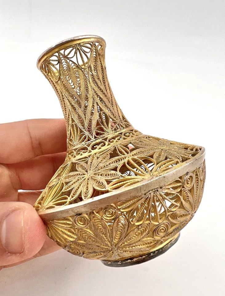 VINTAGE CHINESE STERLING SILVER GOLD GILT FILIGREE VASE HAND MADE 3 3/4" - 87G (1 of 2)