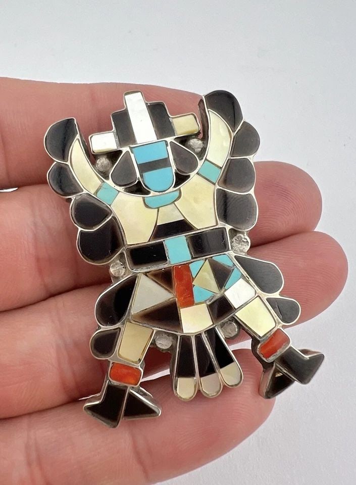 VINTAGE ZUNI KNIFEWING STERLING SILVER & MULIT GEMSTONE FLUSH PIN PENDANT 2 1/8" (1 of 2)