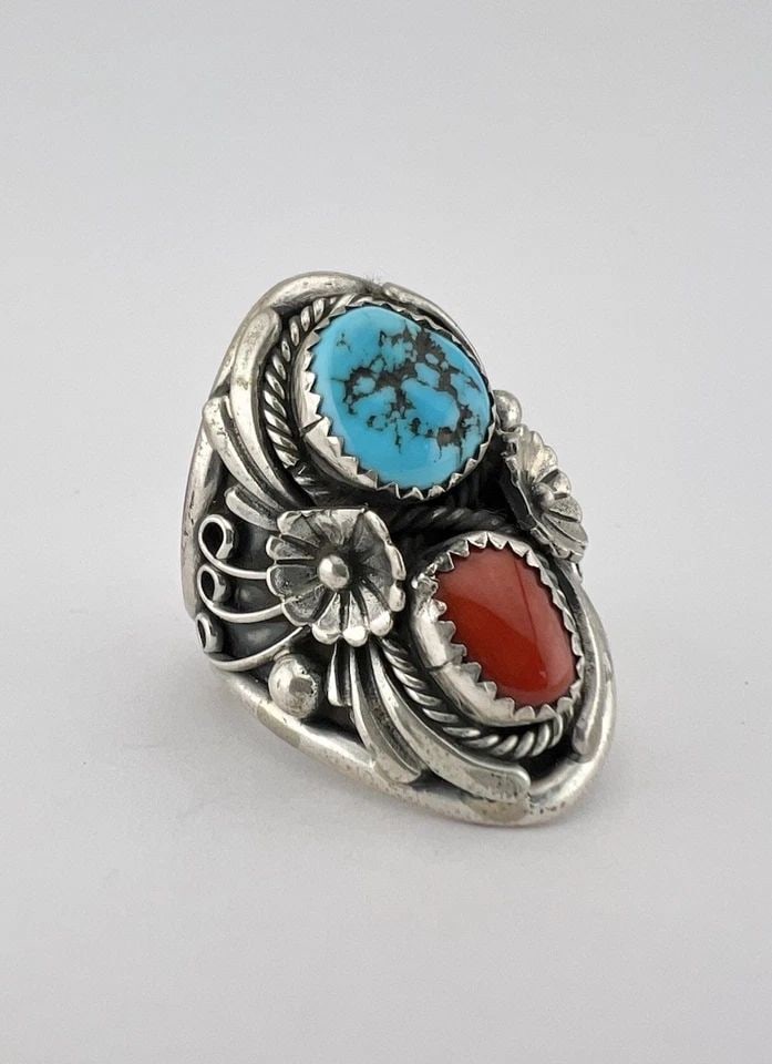 VTG NAVAJO STERLING SILVER SLEEPING BEAUTY TURQUOISE & CORAL STAMPED RING 14.4G: VTG NAVAJO STERLING SILVER SLEEPING BEAUTY TURQUOISE & CORAL STAMPED RING 14.4G Vtg Navajo Sterling Silver Sleeping Beauty Turquoise & Coral Stamped Ring 14.4g Ring Size: 11.25 - Can Be Re Sized Weigh