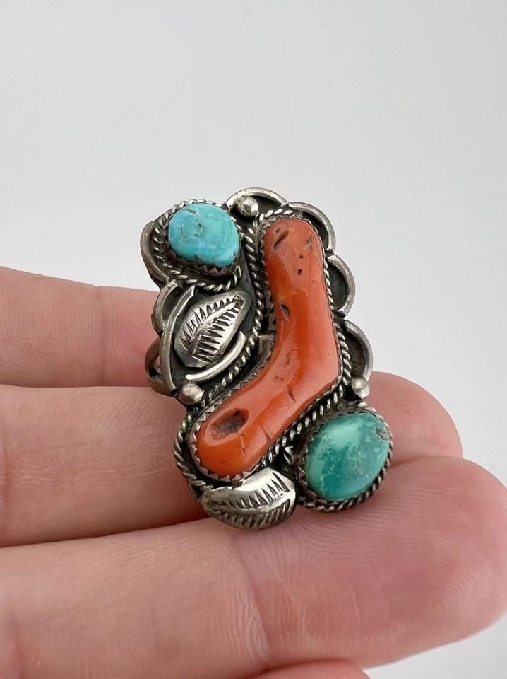 VTG SIMPLICIO LEEKYA DEYUSE ZUNI STERLING SILVER TURQUOISE CORAL WOMEN'S RING #2 (1 of 2)