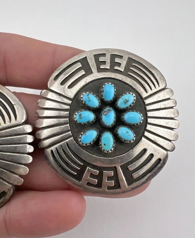 BIG VTG NAVAJO STERLING SILVER SLEEPING BEAUTY TURQUOISE CONCHO OVERLAY EARRINGS: BIG VTG NAVAJO STERLING SILVER SLEEPING BEAUTY TURQUOISE CONCHO OVERLAY EARRINGS BIG Vtg Navajo Sterling Silver Sleeping Beauty Turquoise Concho Overlay Earrings Size: 1 7/8" Tall & Wide Weight is 34.