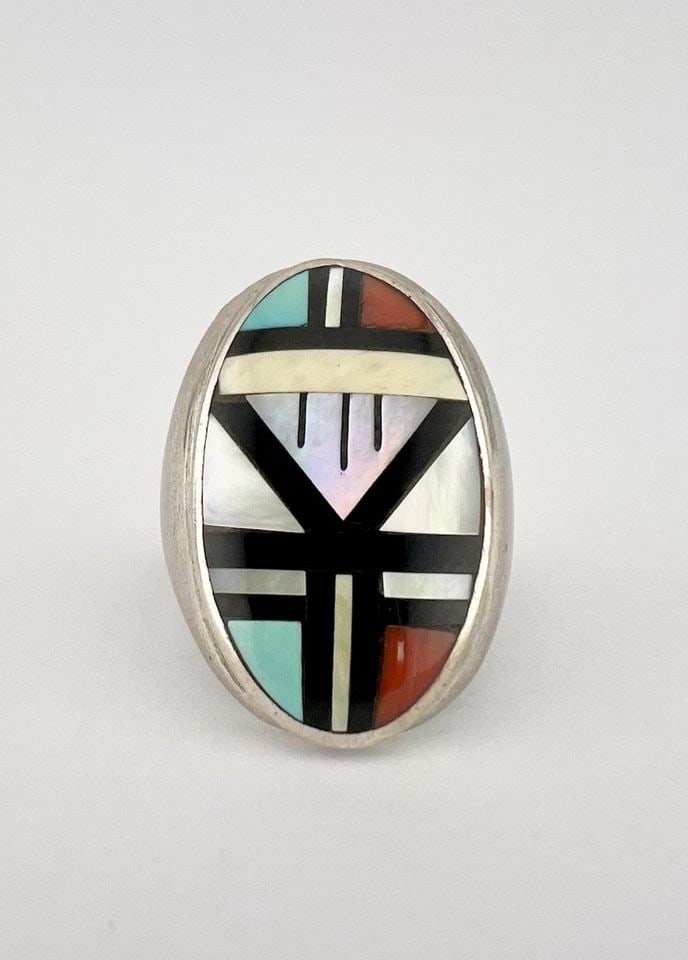 VINTAGE ZUNI STERLING SILVER MOSAIC MULTI GEMSTONE INGOT MEN'S RING 14.6G #3: Vintage Zuni Sterling Silver Mosaic Multi Gemstone Ingot Men's Ring 14.6g #3 Ring Size: 11.25 - Can Be Resized Weight is 14.6 Grams on my scale Test Positive For Sterling Silver Ring is 1 1/8" Tall In