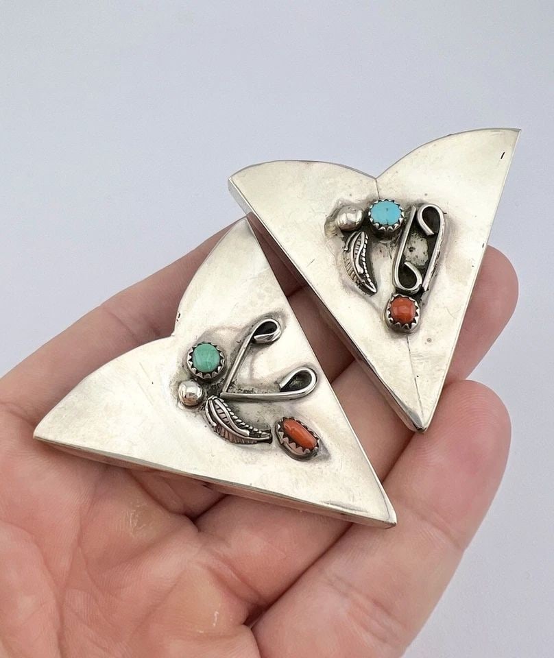 HUGE VTG NAVAJO STERLING SILVER KINGMAN TURQUOISE & CORAL 3D STAMPED COLLAR TIPS (1 of 2)