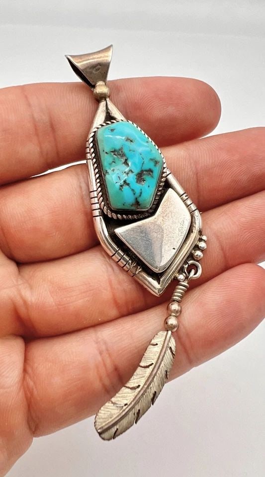 BEN BEGAYE NAVAJO STERLING SILVER SLEEPING BEAUTY TURQUOISE STAMPED PENDANT 3.5" (1 of 2)