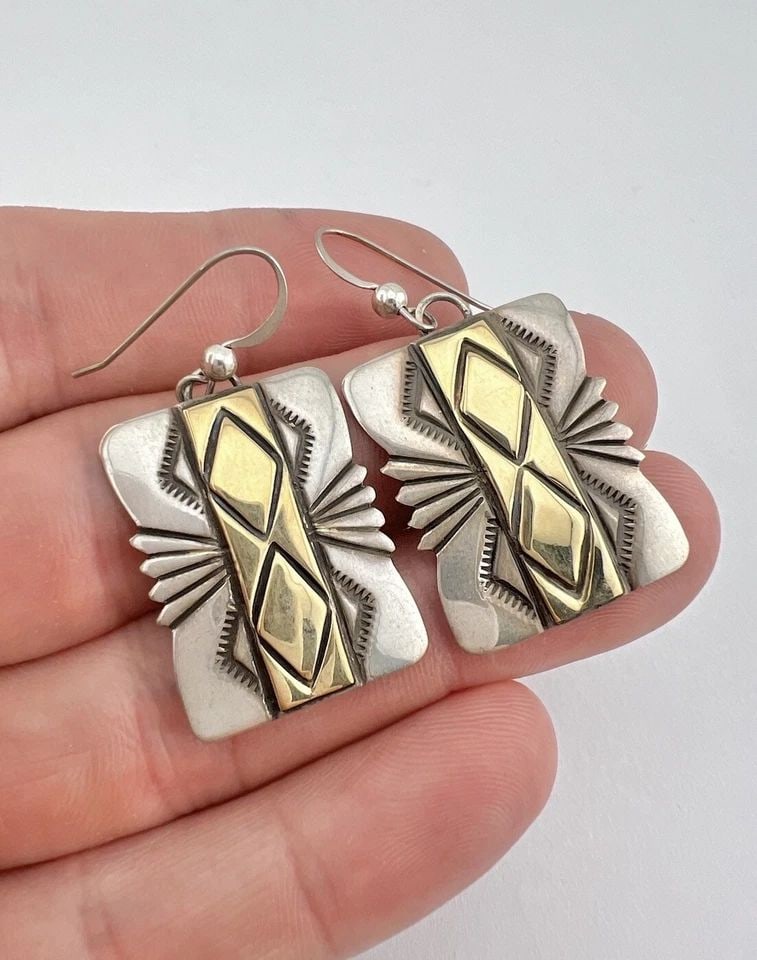 VTG MIKE BEGAY NAVAJO STERLING SILVER & 14K GOLD STAMPED HOOK DANGLE EARRINGS: VTG MIKE BEGAY NAVAJO STERLING SILVER & 14K GOLD STAMPED HOOK DANGLE EARRINGS Vtg Mike Begay Navajo Sterling Silver & 14k Gold Stamped Hook Dangle Earrings Size: 1 5/8" Tall With Dangle By 7/8" Wide M