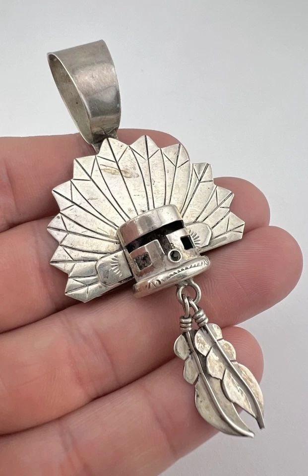 VINTAGE NAVAJO STERLING SILVER STAMPED 3D KACHINA DANGLE PENDANT 3 3/8" (1 of 2)