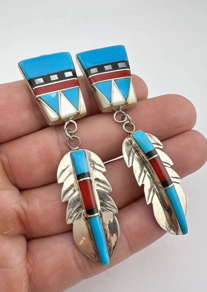 VINTAGE NAVAJO STERLING SILVER MULTI GEMSTONE FEATHER POST DANGLE EARRINGS 3" (1 of 2)