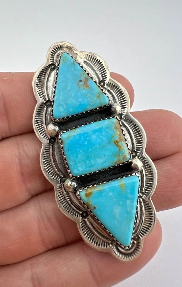 VINTAGE NAVAJO STERLING SILVER WEBBED FOX TURQUOISE STAMPED PIN PENDANT 2.5" (1 of 2)