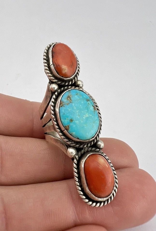 MARCUS CHAVEZ NAVAJO STERLING SILVER BLUE GEM TURQUOISE & CORAL STAMPED RING 2": MARCUS CHAVEZ NAVAJO STERLING SILVER BLUE GEM TURQUOISE & CORAL STAMPED RING 2" Marcus Chavez Navajo Sterling Silver Blue Gem Turquoise & Coral Stamped Ring 2" Size: 4.75 - Can Be Re Sized Weight is 1