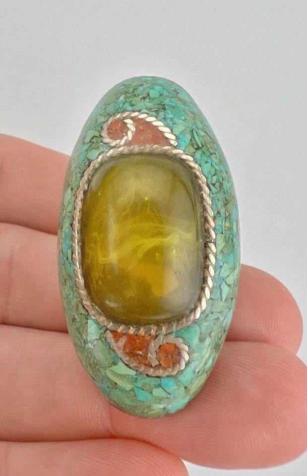 MASSIVE ANTIQUE 19TH C. NEPALI TIBETAN TURQUOISE CORAL AMBER SADDLE RING 36.6G (1 of 2)