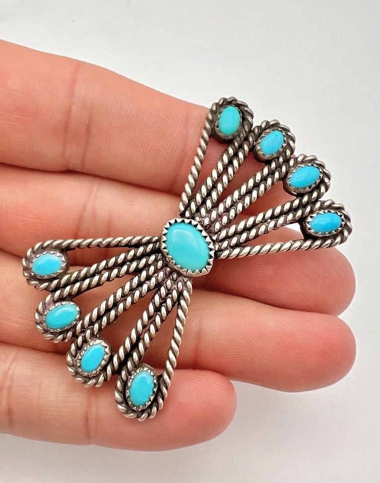 VINTAGE NAVAJO STERLING SILVER BLUE TURQUOISE TWIST BOW TIE BROOCH PIN 2.25" (1 of 2)