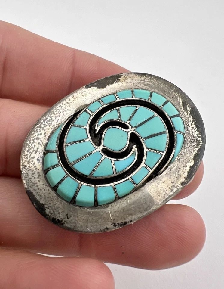 AMY QUANDELACY SILVER ZUNI FLUSH TURQUOISE HUMMINGBIRD INLAY WOMENS BUCKLE 1.75": AMY QUANDELACY SILVER ZUNI FLUSH TURQUOISE HUMMINGBIRD INLAY WOMENS BUCKLE 1.75" Vintage Amy Quandelacy Silver Zuni Flush Turquoise Hummingbird Inlay Women's Buckle 1.75" Size: 1 3/4" Wide By 1 1/4" T