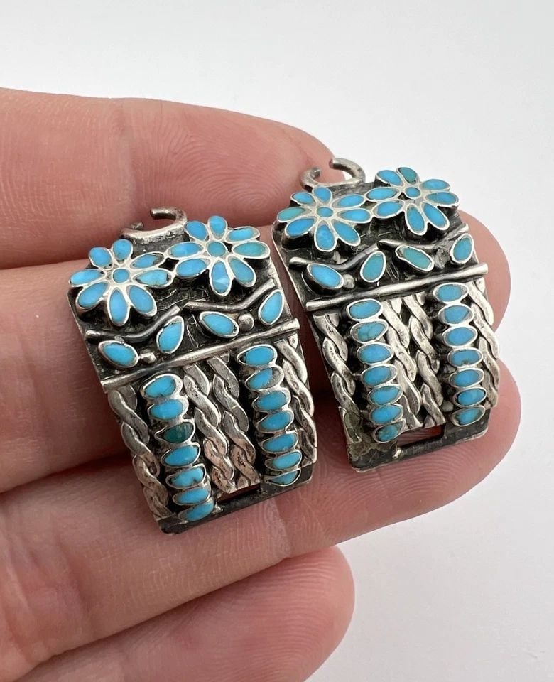 VTG ZUNI DISHTA STERLING SILVER FLUSH SCALE INLAY TURQUOISE WOMEN'S WATCH TIPS (1 of 2)