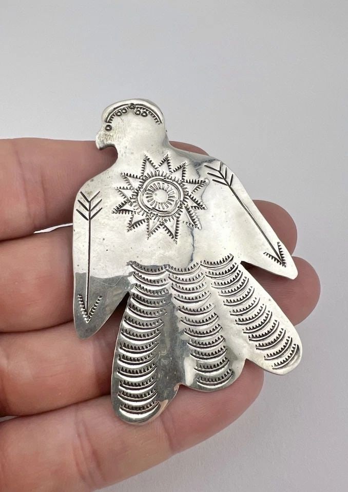 FRED HARVEY STYLE NAVAJO STERLING SILVER STAMPED THUNDERBIRD PIN BROOCH 2.75" (1 of 2)