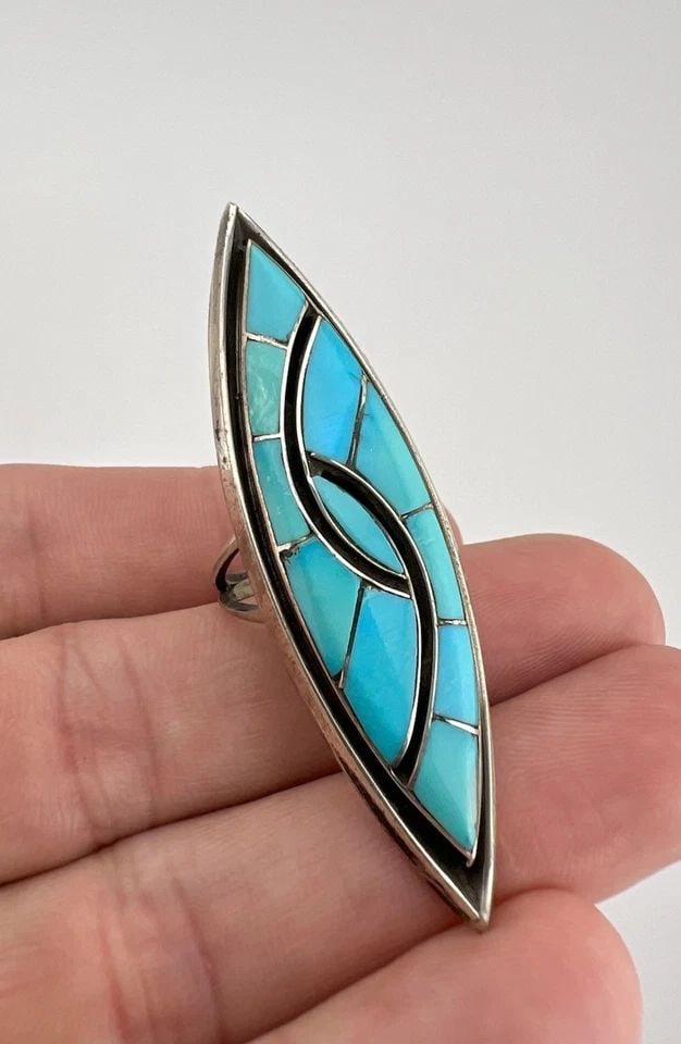 HUGE VINTAGE ZUNI STERLING SILVER FLUSH INLAY TURQUOISE WOMEN'S RING 2.25" (1 of 2)