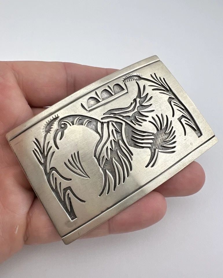 VTG NAVAJO STERLING SILVER WATER BIRD & CORN STALK OVERLAY BELT BUCKLE 3.25"-49G (1 of 2)