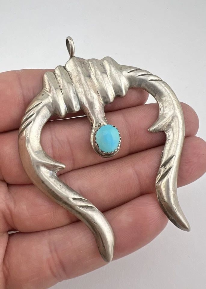 HUGE 3" VTG NAVAJO SANDCAST STERLING SILVER KINGMAN TURQUOISE NAJA PENDANT #2 (1 of 2)