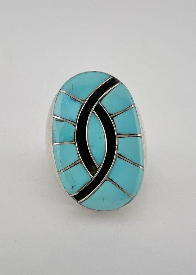VTG ELAINE BOBELU ZUNI STERLING SILVER TURQUOISE FLUSH INGOT MEN'S RING 17G (1 of 2)