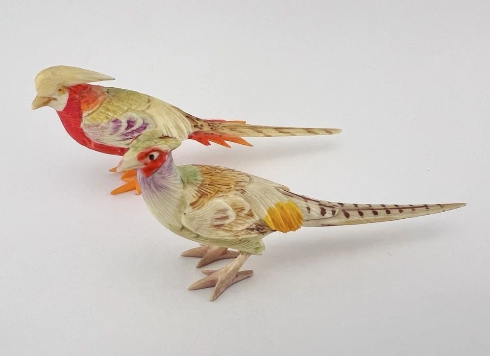 2) ANTIQUE JAPANESE / CHINESE HAND CARVED & PAINTED BIRD SCULPTURE LOT (1 of 2)