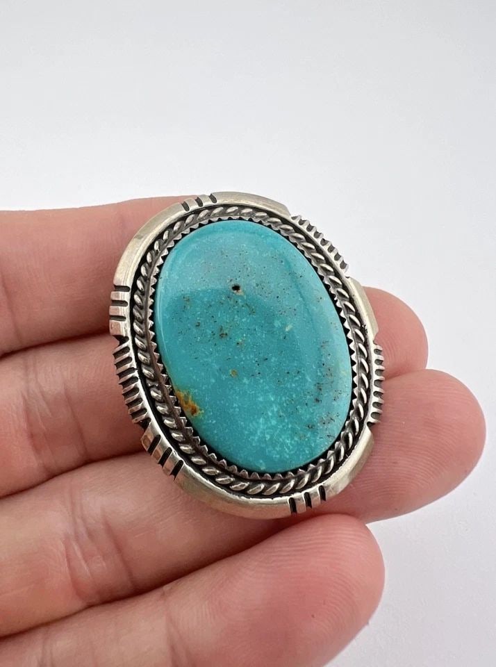 WILL DENETDALE NAVAJO STERLING SILVER BLUE GEM TURQUOISE OVAL BOLO TIE 1 5/8" (1 of 2)