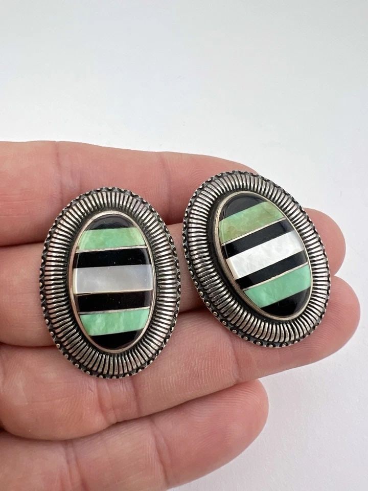 VTG NAVAJO STERLING SILVER TURQUOISE JET MOTHER OF PEARL OVAL POST EARRINGS: VTG NAVAJO STERLING SILVER TURQUOISE JET MOTHER OF PEARL OVAL POST EARRINGS Vtg Navajo Sterling Silver Turquoise Jet Mother Of Pearl Oval Post Earrings Size: 1 3/8" Tall & 1" Wide Weight is 21.5 Grams